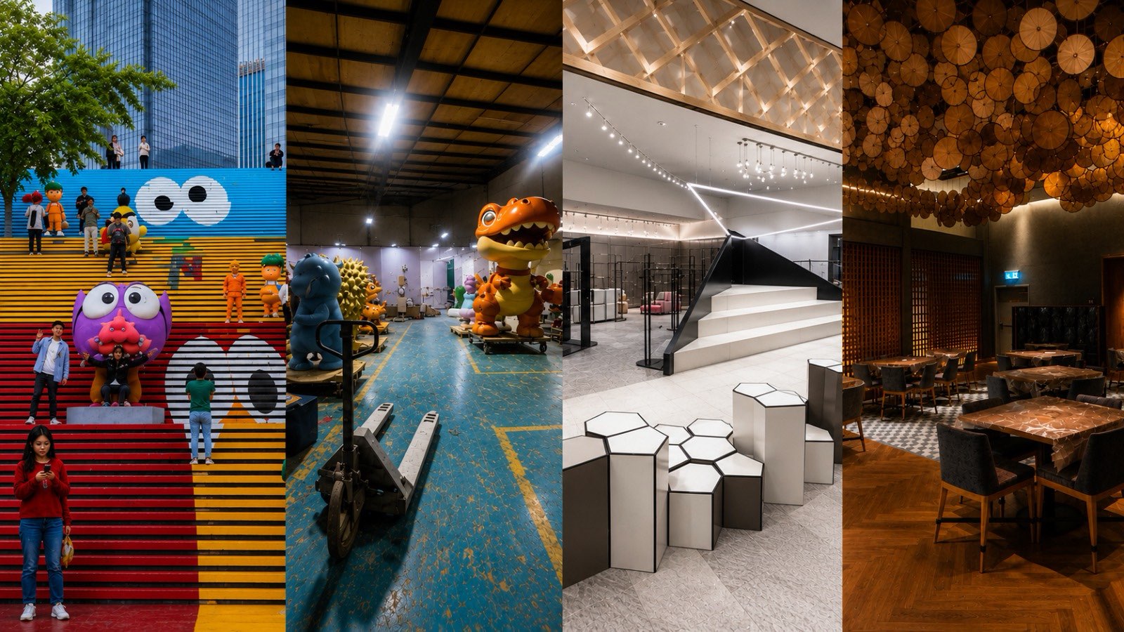 Kefi Creations project collage showing themed stair features, fabrication work, hospitality interiors, and immersive built environments